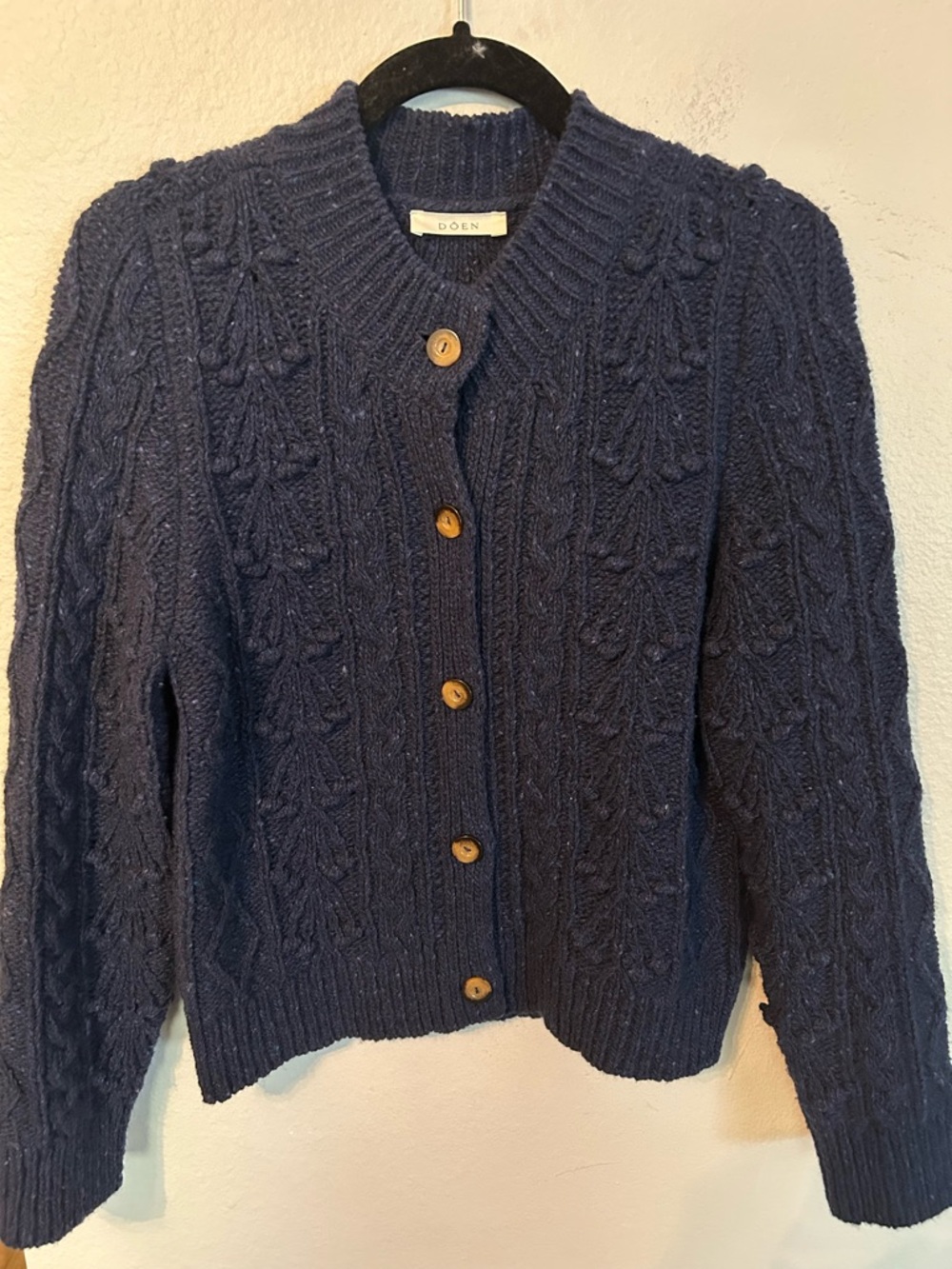 DÔEN Heritage Cable Knit Wool Cashmere Cardigan Navy Medium Heirloom Sweater